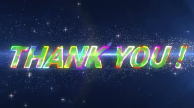 Gece gökyüzündeki yıldızların üzerinde parlayan teşekkür mesajlarının animasyonu. Video oyunu, eğlence ve dijital arayüz kavramı dijital olarak oluşturuldu.