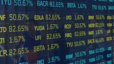 Basketbolcular üzerinden finansal veri işleme animasyonu. küresel iş, finans ve bağlantılar konsepti dijital olarak oluşturulmuş video.