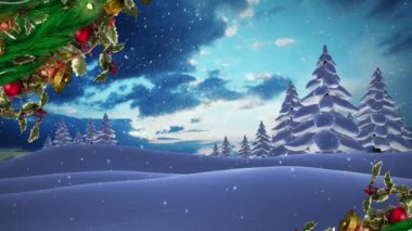 Kış manzarasına düşen Noel süsleri ve karın animasyonu. Noel, gelenek ve kutlama konsepti dijital olarak oluşturuldu.