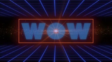 Wow metninin animasyonu mavi ızgara ve turuncu dalga üzerinde. Video oyunu, eğlence ve dijital arayüz kavramı dijital olarak oluşturuldu.