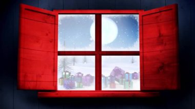 Kış yılbaşı sahnesinin animasyonu. Hediyeler ve pencereden görülen Noel Baba kızağı. Noel, kış, gelenek ve kutlama konsepti dijital olarak oluşturulmuş video.