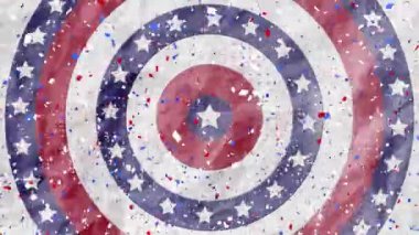 Nokta desenli dizayn ve konfeti beyaz zemin üzerinde dönen daireler üzerinde birden fazla yıldızın üzerine düşüyor. Amerikan bağımsızlığı ve kutlama konsepti