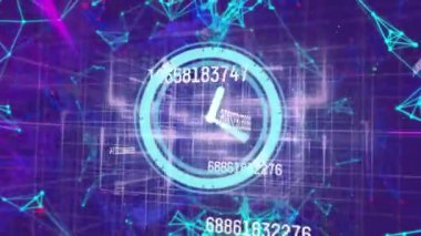 Bağlantılar ve veri işleme ağı üzerinden saatin animasyonu. küresel bağlantılar, veri işleme ve dijital arayüz konsepti dijital olarak oluşturulmuş video.