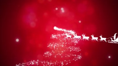 Kızakla kayan yıldız ve kırmızı zemine düşen karla Noel Baba 'nın canlandırması. Noel, gelenek ve kutlama konsepti dijital olarak oluşturuldu.