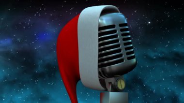 Mikrofona düşen yıldızların animasyonu ve karanlık arka planda noel şapkası. Noel, eğlence, müzik ve kutlama konsepti dijital olarak oluşturulmuş video.