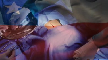 Ameliyathanede cerrahlar yerine Şili bayrağının canlandırılması. küresel tıp, covid 19 pandemik konsept sırasında sağlık hizmetleri dijital olarak üretilen video.
