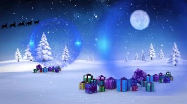 Noel Baba kızağı ve Noel hediyelerinin kış manzarasında canlandırılması. Noel, gelenek ve kutlama konsepti dijital olarak oluşturuldu.