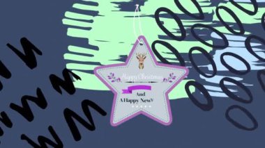 Etikette renkli animasyon arkaplanda noel kutlamalarının animasyonu. Noel, kış, gelenek ve kutlama konsepti dijital olarak oluşturulmuş video.