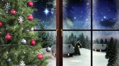 Kış manzarasının animasyonu, fener ve pencereden görünen evler. Noel, gelenek ve kutlama konsepti dijital olarak oluşturuldu.