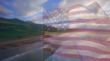 Sahilin havadan görüntüsüne karşı bize bayrak sallayan dijital bir kompozisyon. Ulusal turizm ve seyahat kavramı