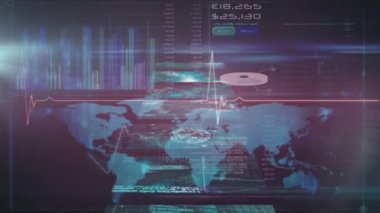 Kalp atış hızı monitörü ve dünya haritası üzerindeki ekranların animasyonu. küresel iş, bilim ve bağlantılar konsepti dijital olarak oluşturulmuş video.