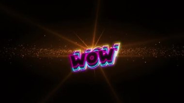 Wow metninin animasyonu turuncu ışıkların üzerinde ve el sallıyor. Video oyunu, eğlence ve dijital arayüz kavramı dijital olarak oluşturuldu.