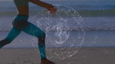 Kafkas kadının plajda yoga yapması üzerine dünya ile olan bağlantıların animasyonu. global spor, incelik ve sağlıklı yaşam tarzı konsepti dijital olarak oluşturulmuş video.