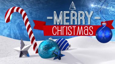 Yılbaşı süsleri, kar yağışı ve kış manzaralı mutlu noeller metni. Noel, gelenek ve kutlama konsepti dijital olarak oluşturuldu.
