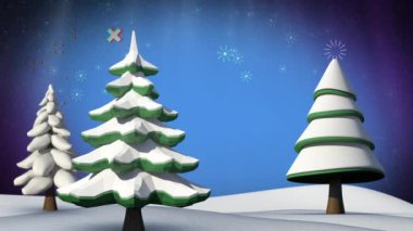 Dijital kış manzarasına düşen farklı şekillerin ve karın animasyonu. Noel, kış, gelenek ve kutlama konsepti dijital olarak oluşturulmuş video.