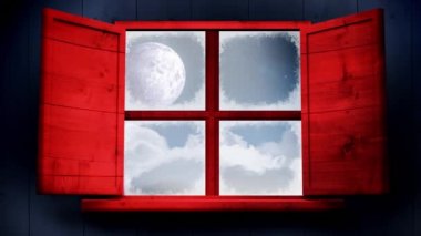 Pencereden görülen kış manzarası ve Noel Baba kızağı animasyonu. Noel, gelenek ve kutlama konsepti dijital olarak oluşturuldu.