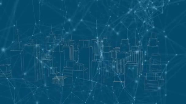 青い背景に都市上の接続のネットワークのアニメーション 世界規模のビジネス デジタルインターフェースの概念デジタル生成されたビデオ — ストック動画