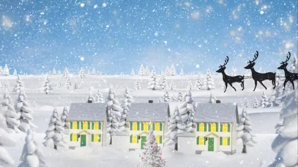 Animatie Van Kerstman Slee Met Rendieren Sneeuw Vallen Winterstad Kerstmis — Stockvideo