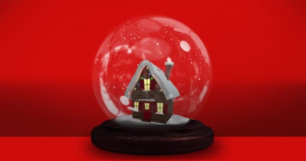 Animação Casa Globo Neve Sobre Fundo Vermelho Natal Tradição Conceito — Vídeo de Stock