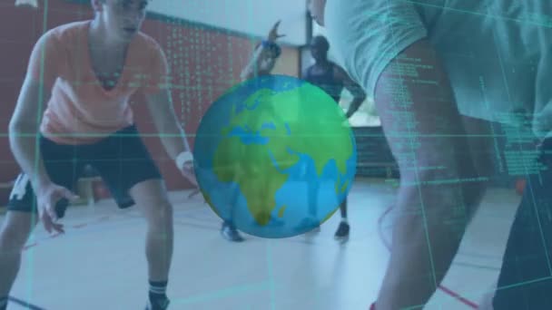 Анімація Глобусу Обробка Даних Над Баскетболістами Соціальні Мережі Концепція Спілкування — стокове відео