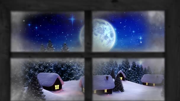 冬季景色下 木制窗框挡住了落在多座房屋和树木上的积雪 圣诞节的庆祝和庆祝概念 — 图库视频影像