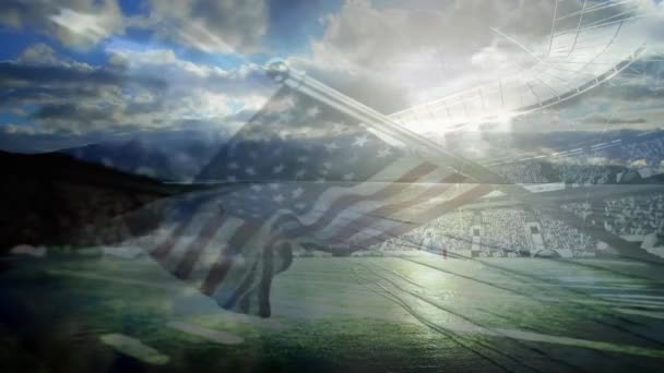 Composición Digital Ondearnos Bandera Sobre Estadio Deportivo Contra Nubes Cielo — Vídeo de stock