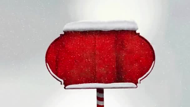 Nieve Cayendo Sobre Poste Rojo Madera Sobre Fondo Blanco Fiesta — Vídeos de Stock