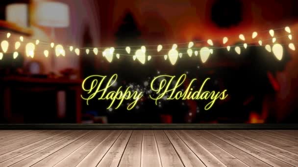 幸せな休日のテキストと輝く黄色の妖精の光の装飾木製の板の上にぶら下がっている クリスマス フェスティバルとお祝いのコンセプト — ストック動画