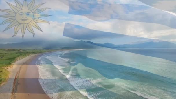 Composición Digital Ondear Bandera Uruguay Contra Vista Aérea Playa Las — Vídeo de stock