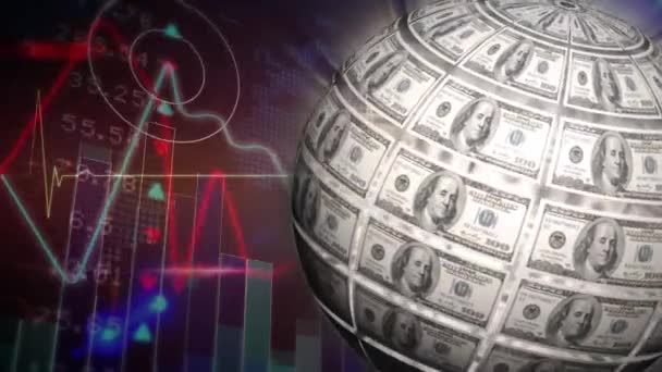 Animatie Van Amerikaanse Dollar Bankbiljetten Wereldbol Draaien Hartslagmeter Wereldkaart Mondiaal — Stockvideo