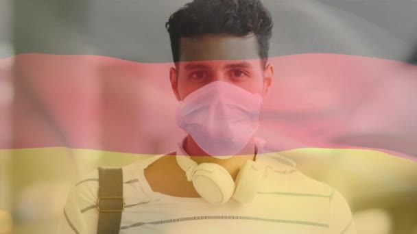 Animation Flaggan Tyskland Viftar Över Mannen Bär Ansiktsmask Covid Pandemi — Stockvideo