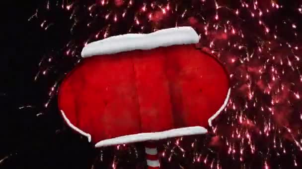 Κινούμενα Σχέδια Πυροτεχνημάτων Πάνω Από Κόκκινη Ετικέτα Καλυμμένη Χιόνι Χριστούγεννα — Αρχείο Βίντεο