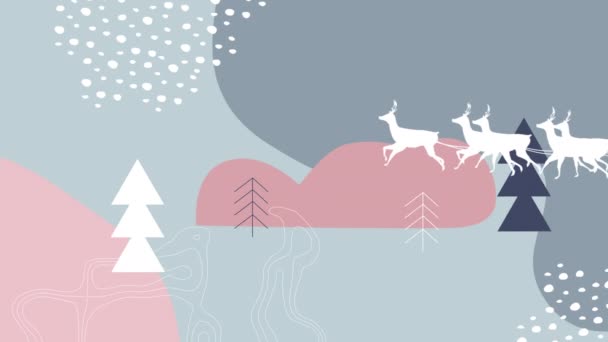Animation Von Weihnachtsmann Schlitten Mit Rentieren Über Vektorwinterlandschaft Weihnachten Tradition — Stockvideo