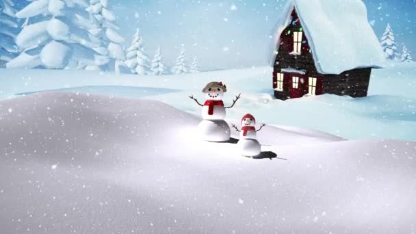 Animation Snow Falling Smiling Two Snowmen Winter Scenery Christmas Winter — Stock Video