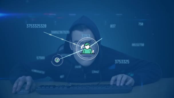 Nätverk Profil Ikoner Och Flera Växlande Nummer Mot Manliga Hackare — Stockvideo