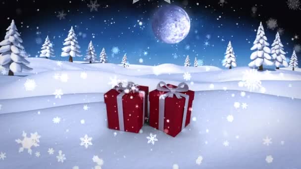 Sneeuwvlokken Vallen Kerstcadeaus Winterlandschap Tegen Maan Aan Nachtelijke Hemel Kerstfeest — Stockvideo