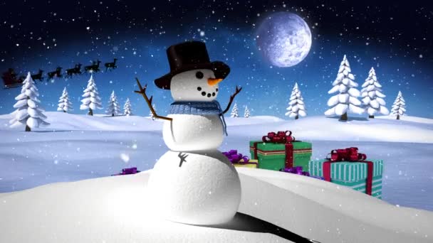 Sneeuw Valt Sneeuwpop Kerstcadeaus Winterlandschap Tegen Maan Aan Nachtelijke Hemel — Stockvideo