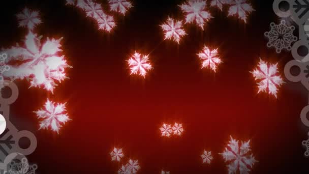 Animation Numérique Plusieurs Icônes Flocons Neige Flottant Sur Fond Rouge — Video