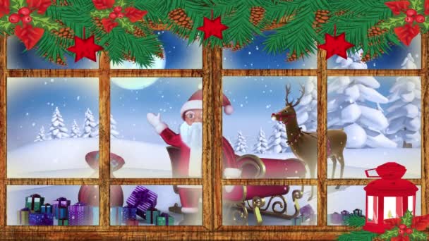 Animación Escena Navideña Invierno Con Santa Claus Ondeando Renos Vistos — Vídeo de stock