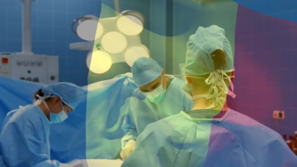 Анімація Прапора Франції Махає Над Хірургами Операційному Театрі Глобальна Медицина — стокове відео