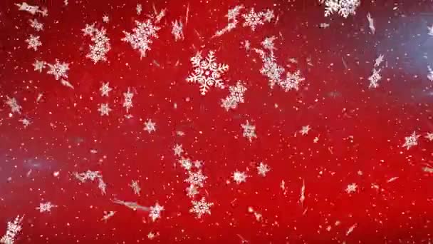 Snö Faller Och Snöflingor Ikoner Mot Ljuspunkt Röd Bakgrund Jul — Stockvideo