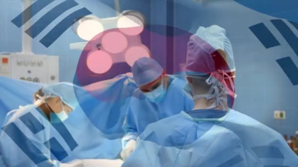 Animação Bandeira Coréia Sul Acenando Sobre Cirurgiões Teatro Operações Medicina — Vídeo de Stock