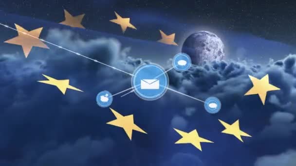 Rede Ícones Digitais Sobre Bandeira Acenando Contra Nuvens Lua Céu — Vídeo de Stock