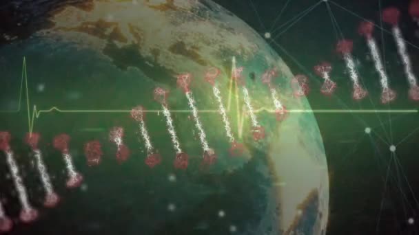 Animering Dna Över Strängen Pulsmätare Och Jordglob Globalt Affärs Vetenskaps — Stockvideo