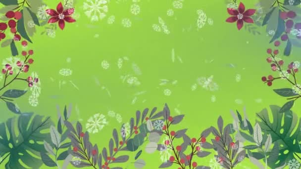Цифрова Анімація Сніжинок Падають Квітковий Дизайн Зеленому Тлі Різдвяні Святкування — стокове відео