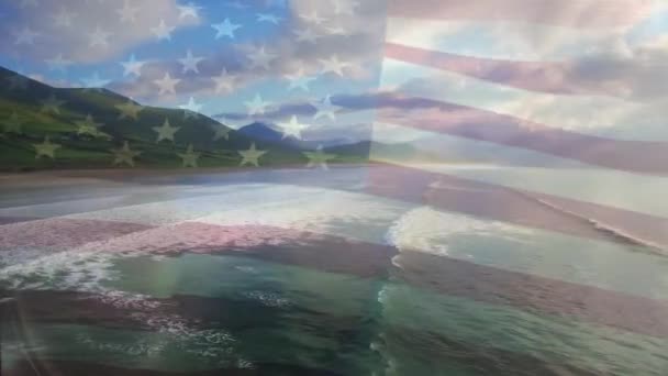 Composición Digital Ondearnos Bandera Contra Vista Aérea Playa Concepto Nacional — Vídeos de Stock
