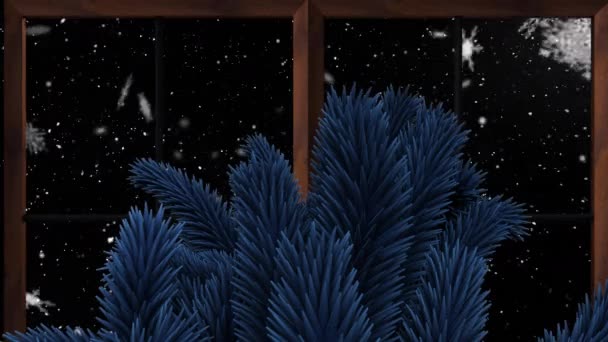 Animación Ramas Abeto Sobre Nieve Cayendo Vista Través Ventana Navidad — Vídeos de Stock
