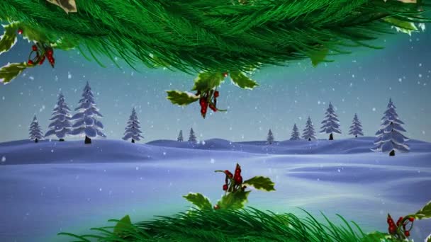 Boże Narodzenie Wieniec Nad Śniegiem Spada Wiele Drzew Zimowym Krajobrazie — Wideo stockowe