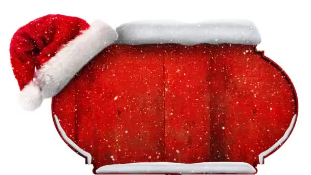 Neve Caduta Cappello Babbo Natale Sopra Cartello Legno Rosso Sullo — Video Stock