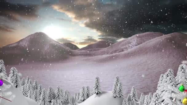 Dwie Choinki Przeciwko Śniegowi Spadającemu Nad Zimowym Krajobrazem Przeciwko Ciemnym — Wideo stockowe